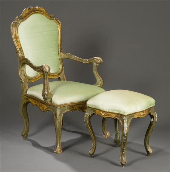 Appraisal: Venetian painted armchair and stool th century Armchair having carved