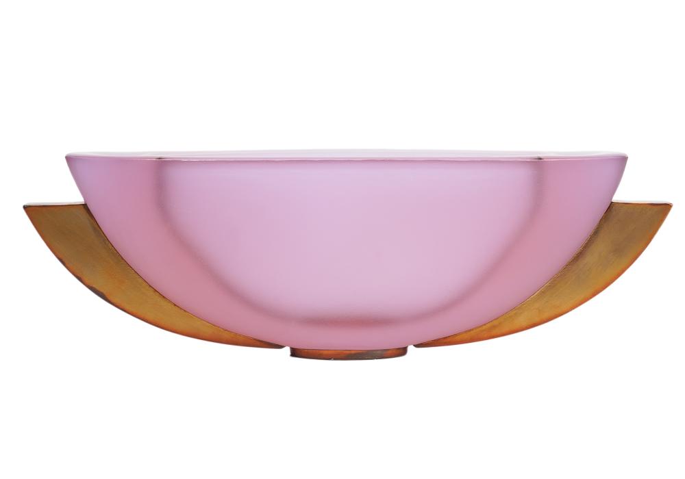 Appraisal: GEORGE BUCQUET AMETHYST GLASS COPPER CANOE BOWLGeorge Bucquet American Born