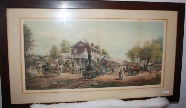 Appraisal: COLORED LITHOGRAPH DEPICTING A TRAIN ARRIVING ATA STATION WITH RIVERBOAT