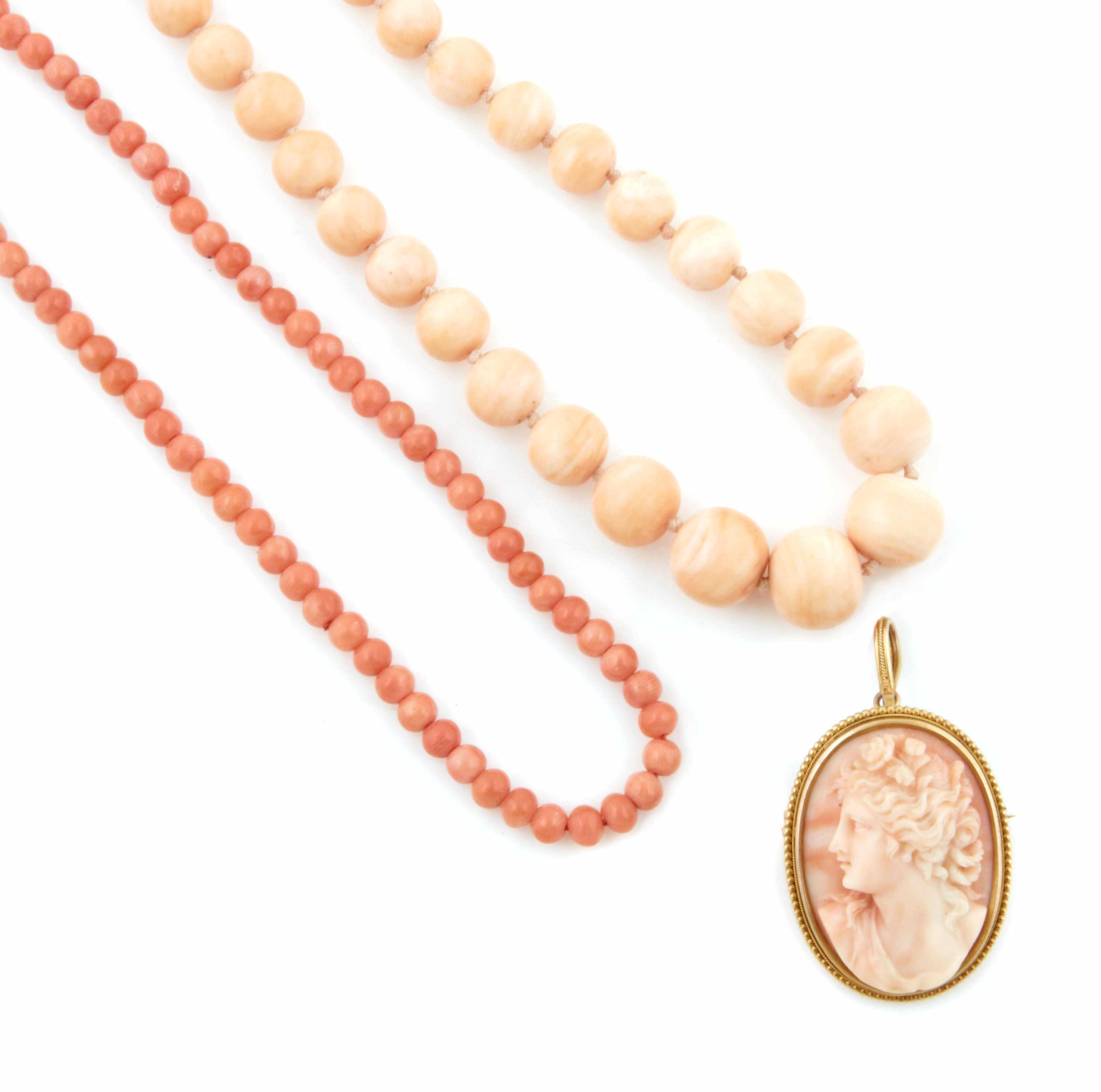 Appraisal: A collection of coral jewelry two bead necklaces measuring -