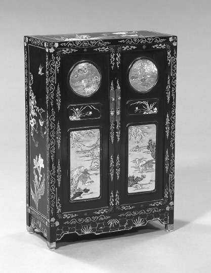 Appraisal: Chinese Black Lacquered Two-Door Cabinet in the Coromandel style the