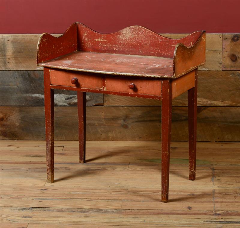 Appraisal: CONTINENTAL PROVINCIAL SALMON AND RED IRON PAINTED WORK TABLE x