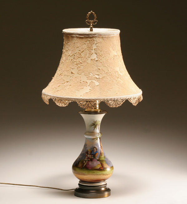 Appraisal: French porcelain hand painted lamp a couple in repose attired