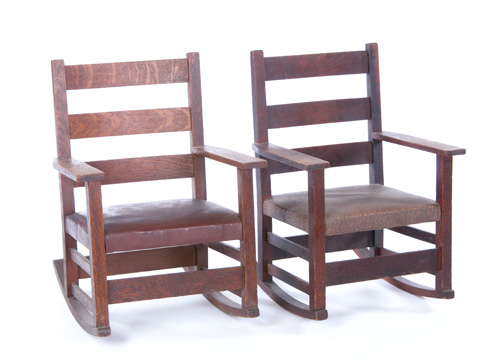 Appraisal: GUSTAV STICKLEY Pair of children's ladderback rockers with tacked-on seats