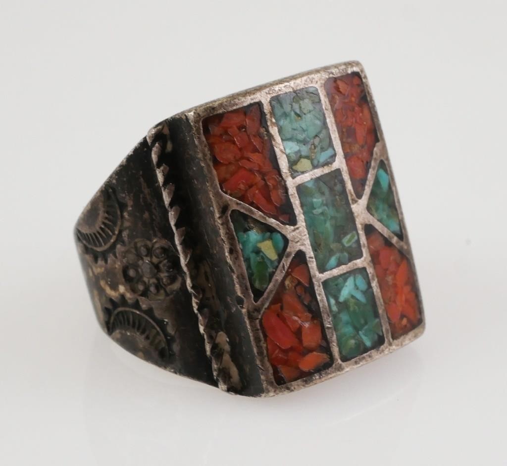 Appraisal: Native American Navajo sterling red coral and turquoise inlay ring