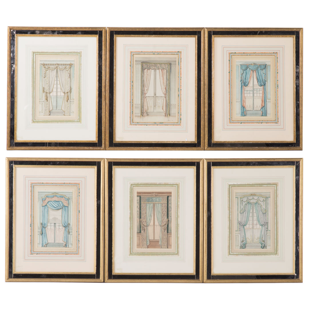 Appraisal: Set of six color lithographs of window draperies x in