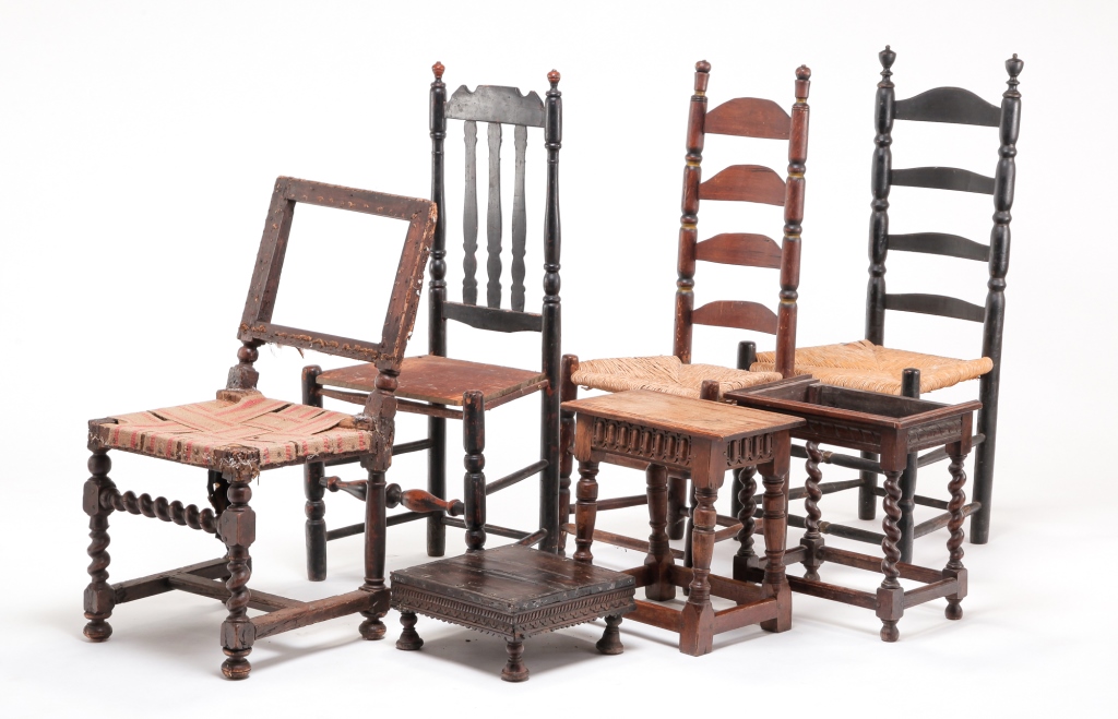 Appraisal: FOUR CHAIRS TWO STOOLS AND A STAND Eighteenth and th