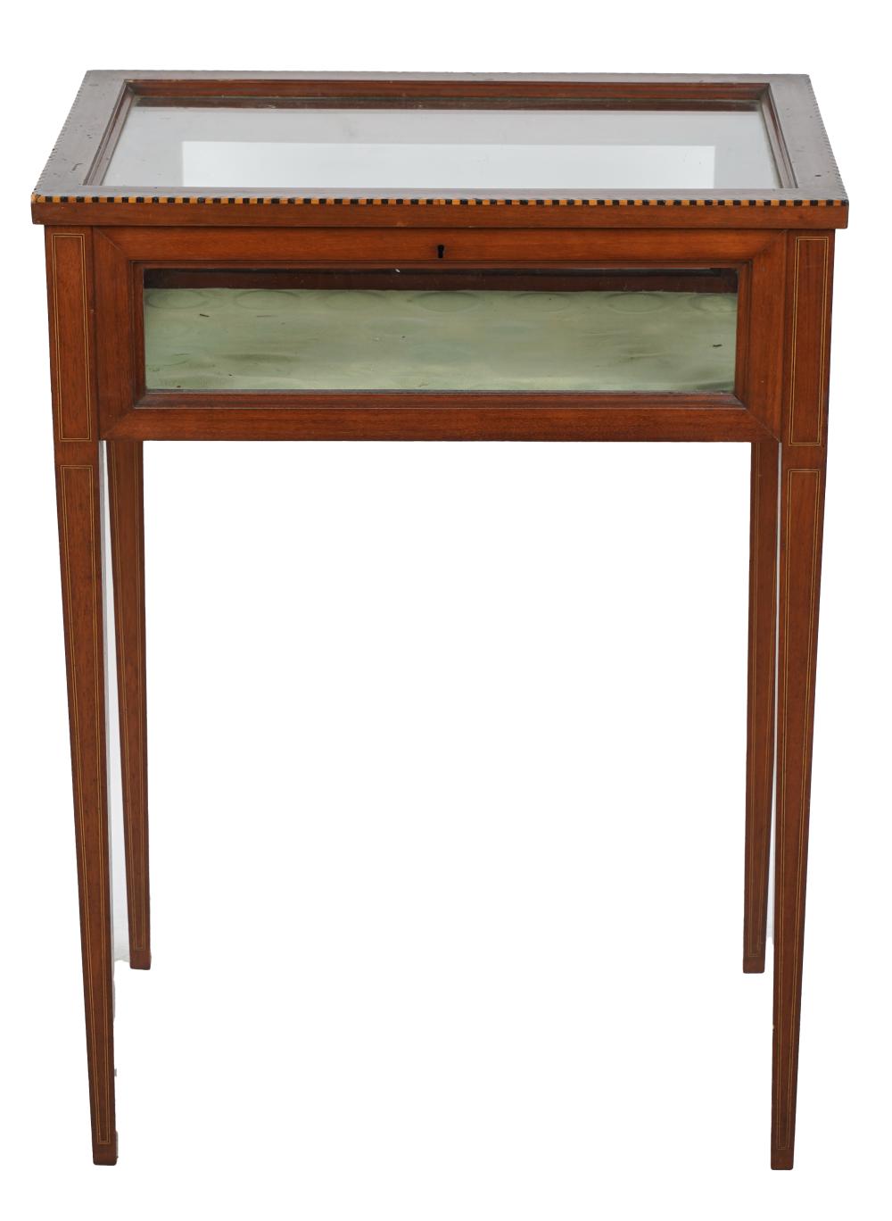 Appraisal: EDWARDIAN INLAID-MAHOGANY VITRINE TABLEwith a hinged top and glazed side