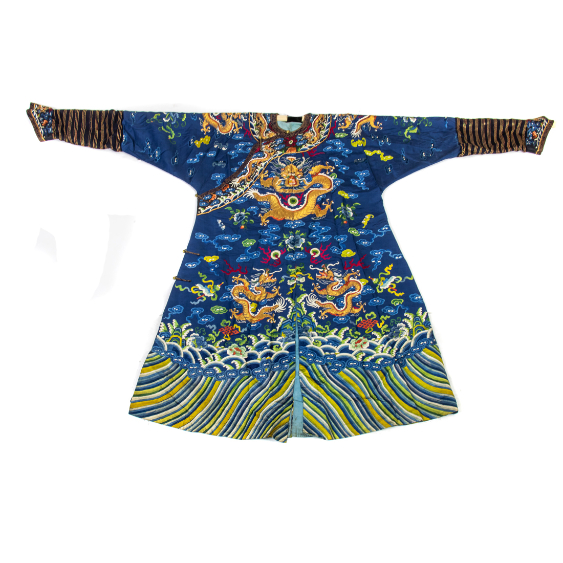 Appraisal: CHINESE EMBROIDERED BLUE-GROUND 'DRAGON' ROBE Chinese embroidered blue-ground 'dragon' robe