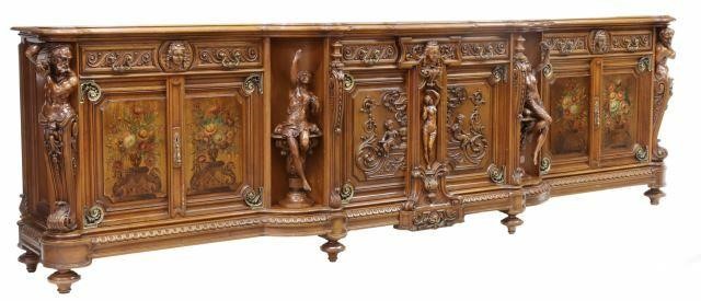 Appraisal: Monumental Italian Renaissance style figural carved walnut sideboard th c