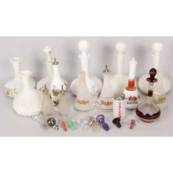 Appraisal: Large lot of barber shop bar back milk glass and