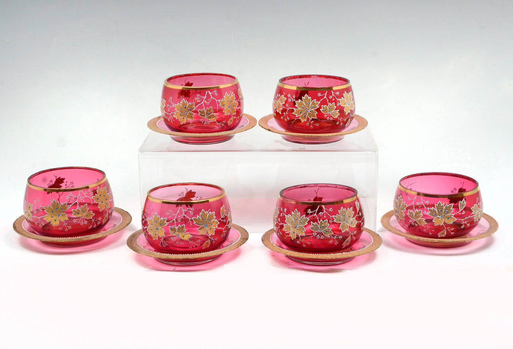 Appraisal: PIECE MOSER FINGER BOWLS - Cranberry Moser blown glass foliate