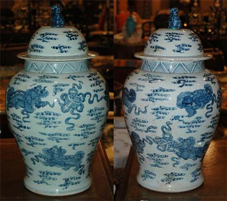 Appraisal: Pair of Blue and White Porcelain Temple Jars Estimate nbsp