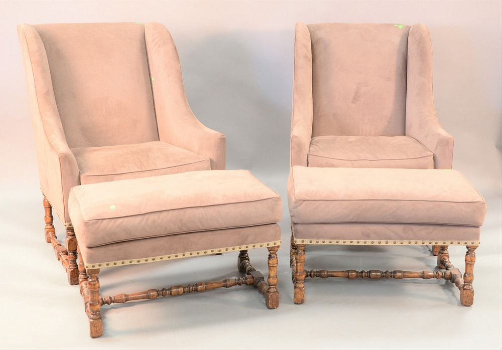 Appraisal: Pair Continental style upholstered wing chair and matching ottoman ht