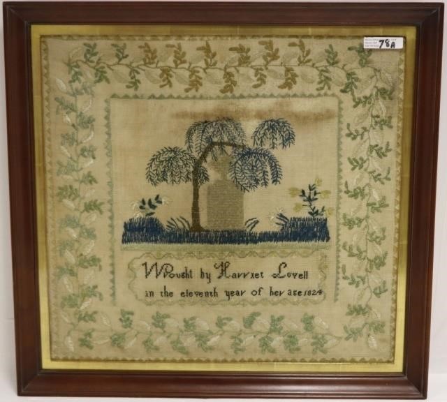 Appraisal: AMERICAN NEEDLEWORK MEMORIAL SAMPLER WROUGHTBY HARRIET LOVELL AGE DATED VINE