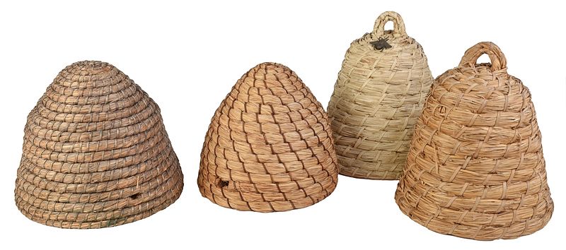 Appraisal: Four Coiled Rye Straw Bee Skeps American th century including