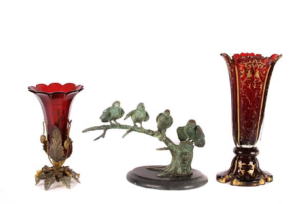 Appraisal: A grouping of decorative items comprising a patinated bronze group