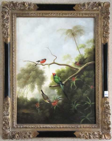 Appraisal: ANGOLLIS OIL ON CANVAS tropical forest with birds and flowers