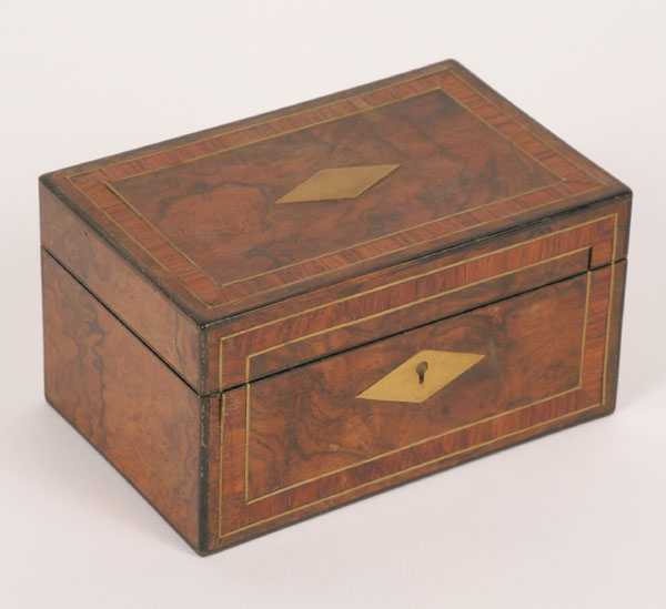 Appraisal: English tea caddy with burled and inlaid wood surfaces brass