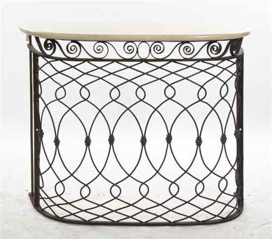 Appraisal: A Wrought Iron and Marble Console Table the demilune base