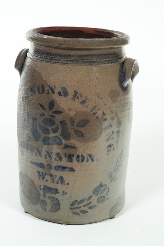 Appraisal: STONEWARE CROCK American rd quarter- th century Stenciled floral label