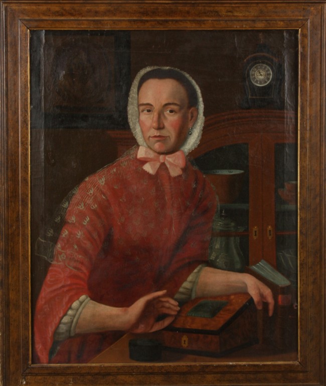 Appraisal: Primitive portrait of a woman seated with books and china