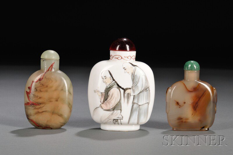 Appraisal: Three Snuff Bottles China a bottle in flattened rectangular form