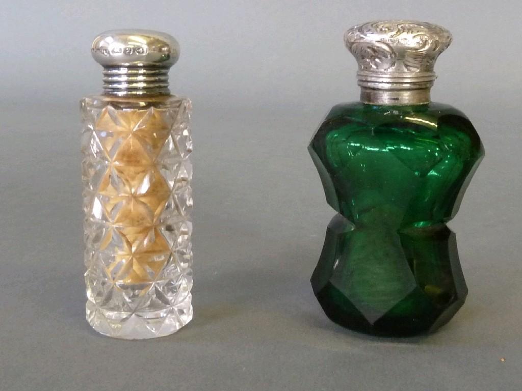 Appraisal: PROBABLY VICTORIAN GREEN FACET CUT GLASS SCENT BOTTLE with embossed