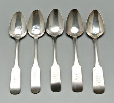 Appraisal: Five coin silver spoons downturned fiddle handles oval bowls one