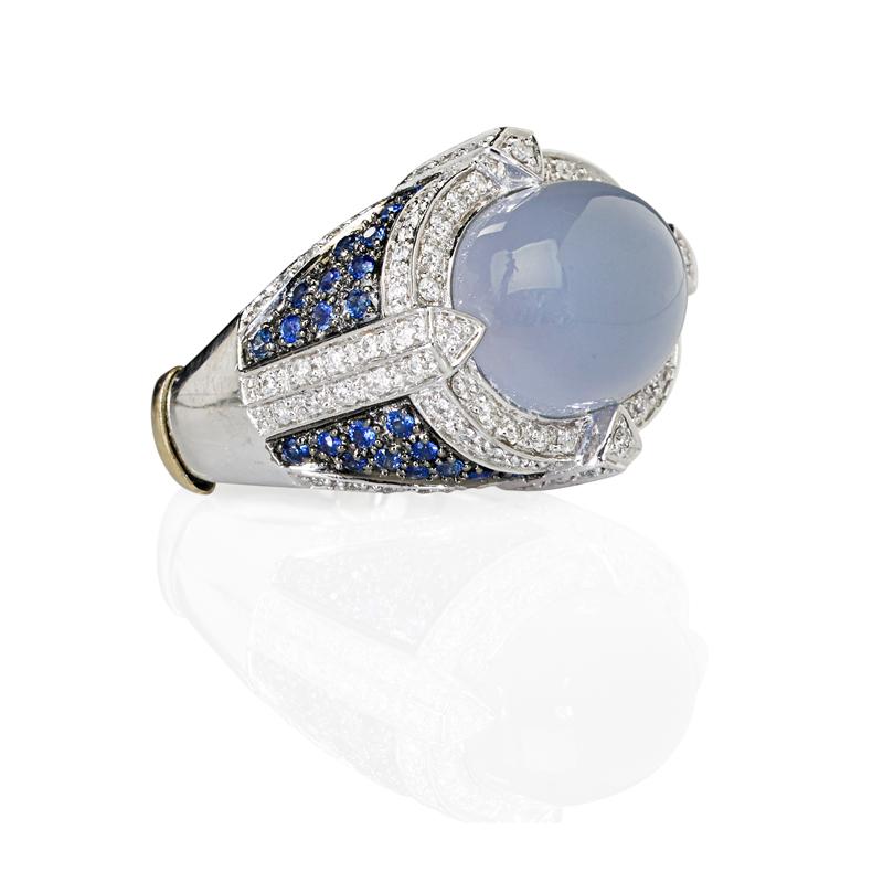 Appraisal: RECENT CHALCEDONY DIAMOND AND SAPPHIRE RING Condition Report