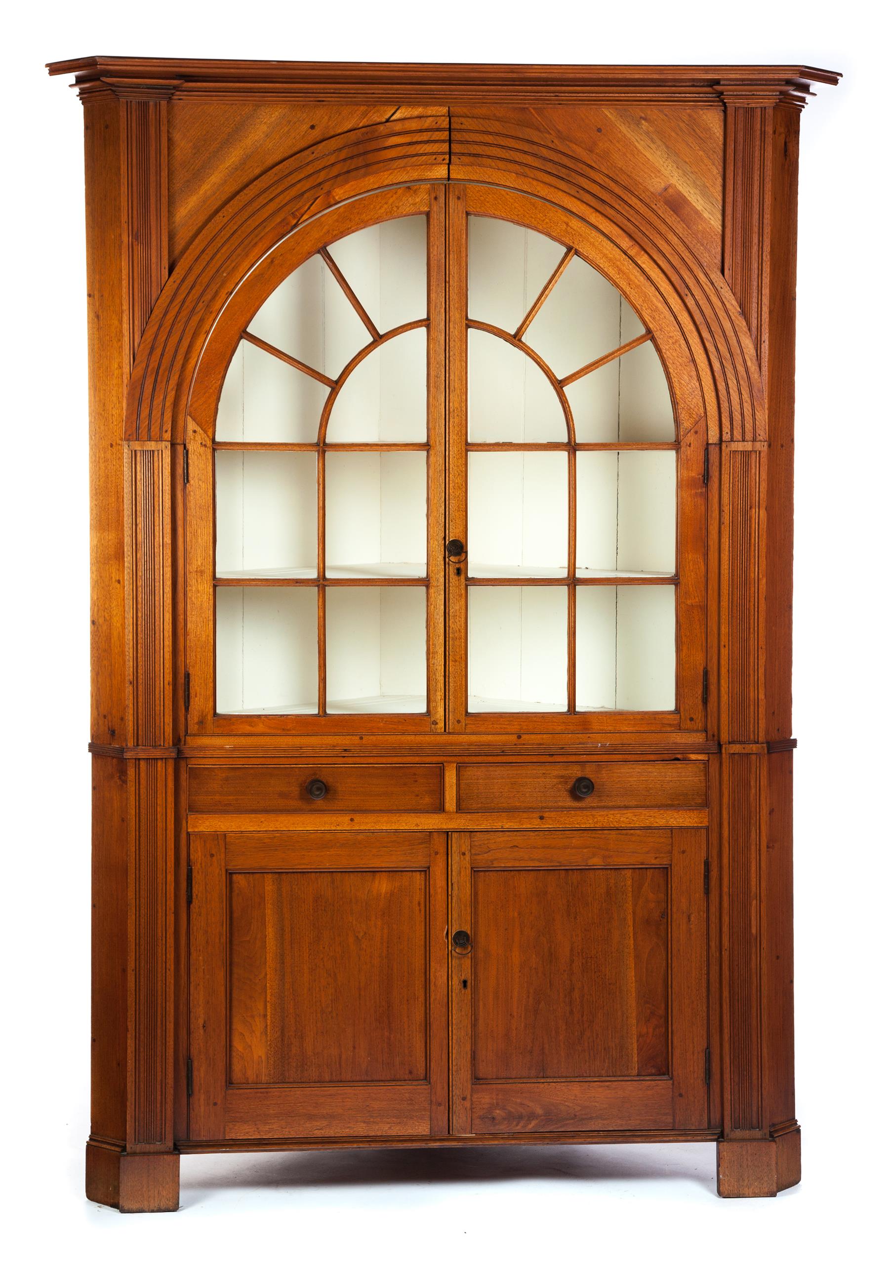 Appraisal: AMERICAN FEDERAL CORNER CUPBOARD Early th century walnut with pine