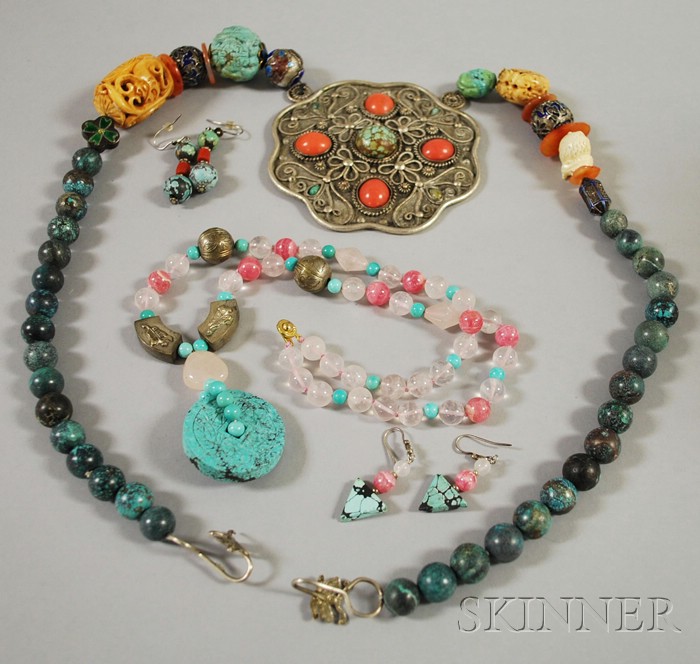 Appraisal: Two Large Asian Silver Hardstone and Semi-precious Stone Bead Necklaces