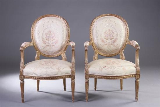 Appraisal: PAIR LOUIS XVI STYLE GILTWOOD FAUTEUILS th century Scalamandre fabric