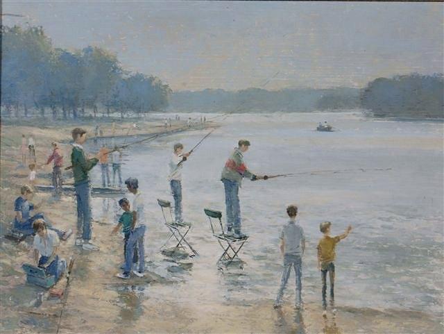 Appraisal: JACK TAUNTNEY British - Young boys fishing oil on board