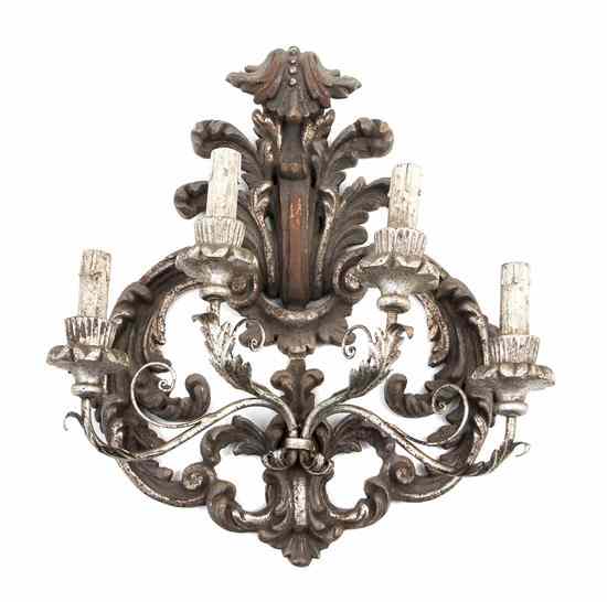 Appraisal: An Italian Silvered Wood and Tole Four-Light Sconce having open