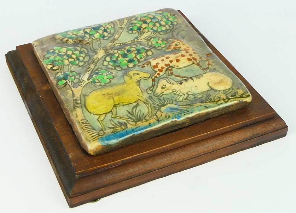 Appraisal: ANTIQUE TILE IN STYLE OF CHAGAL ON WOOD BASE ANTIQUE