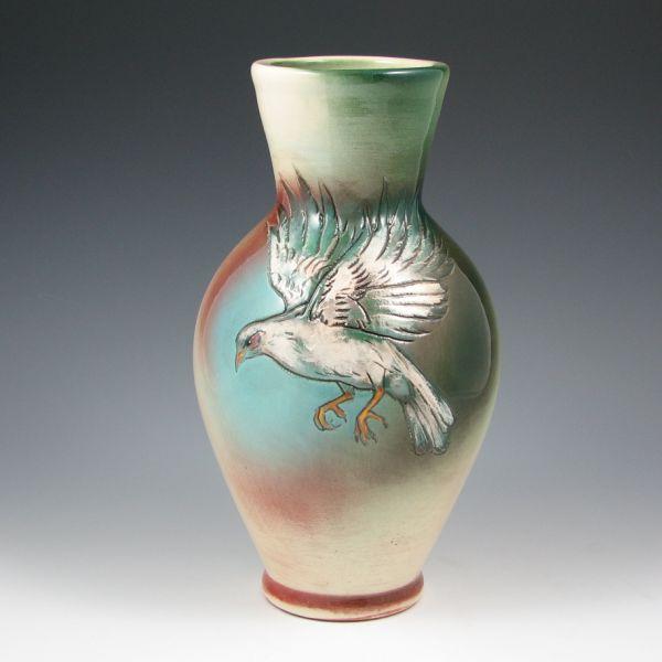 Appraisal: Rick Wisecarver vase with incised decoration of a hawk Signed