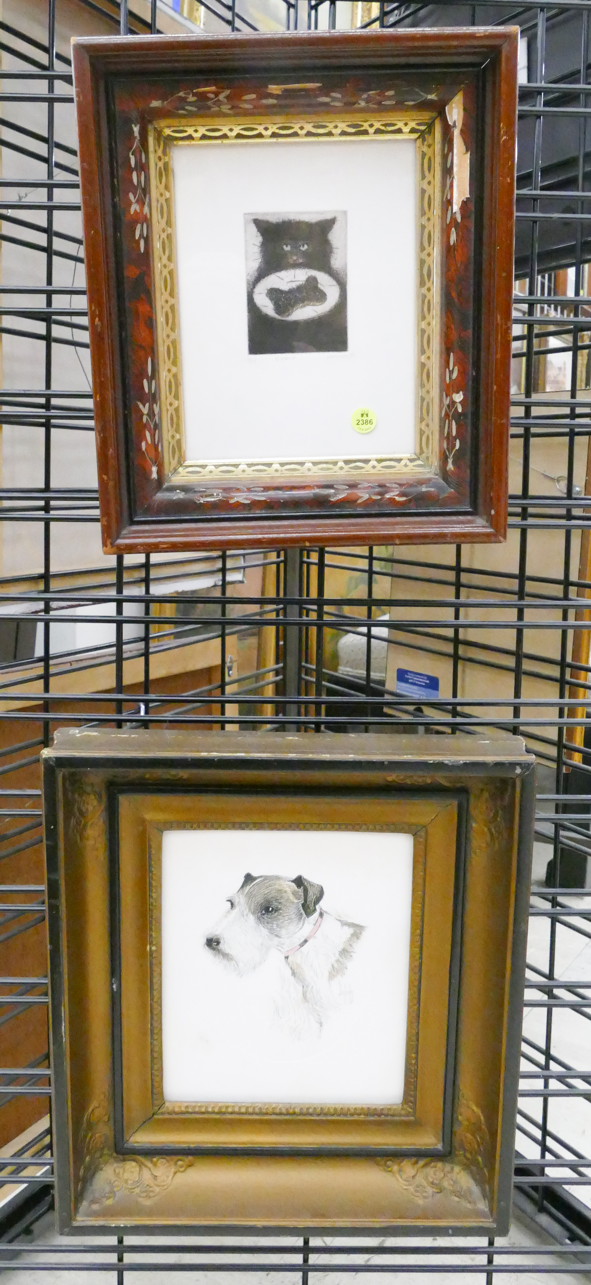 Appraisal: pc Modern Dog Cat Etchings Framed- largest x ''