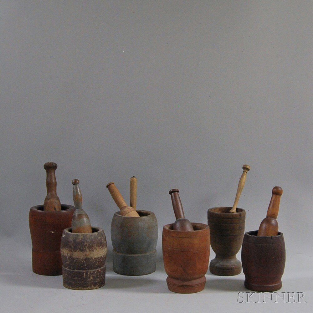 Appraisal: Six Mostly Turned and Painted Mortars and Pestles America th