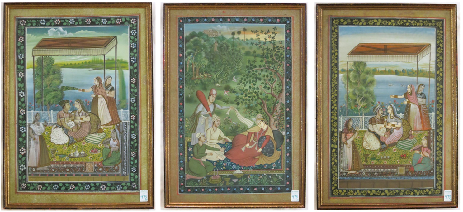 Appraisal: INDIA SCENES THREE GOUACHES ON PAPER Two depicting lovers and