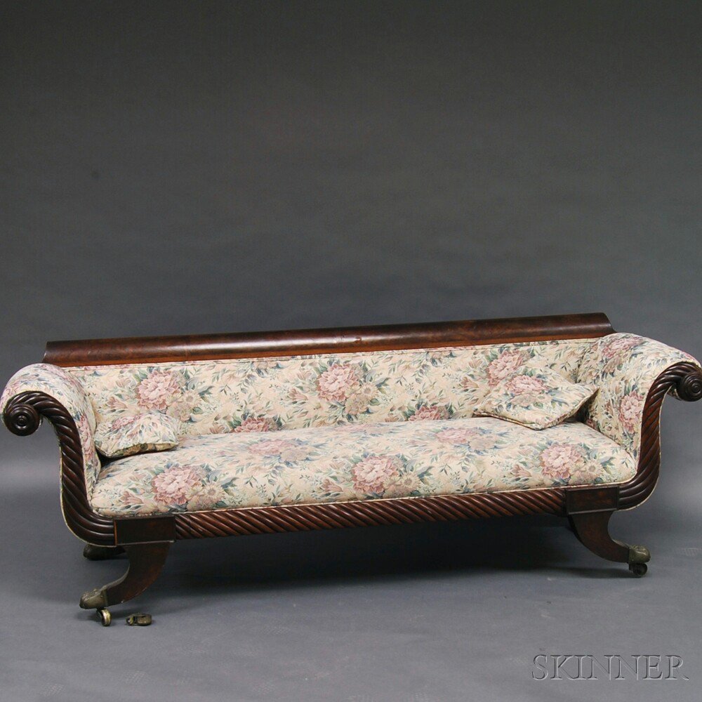 Appraisal: Classical Mahogany Upholstered Sofa America th century a scrolled cresting