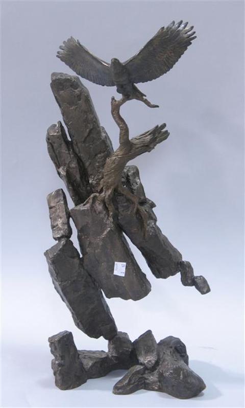 Appraisal: MARK HOPKINS AMERICAN EAGLE IN FLIGHT ABOVE ROCKY OUTCROP BRONZE