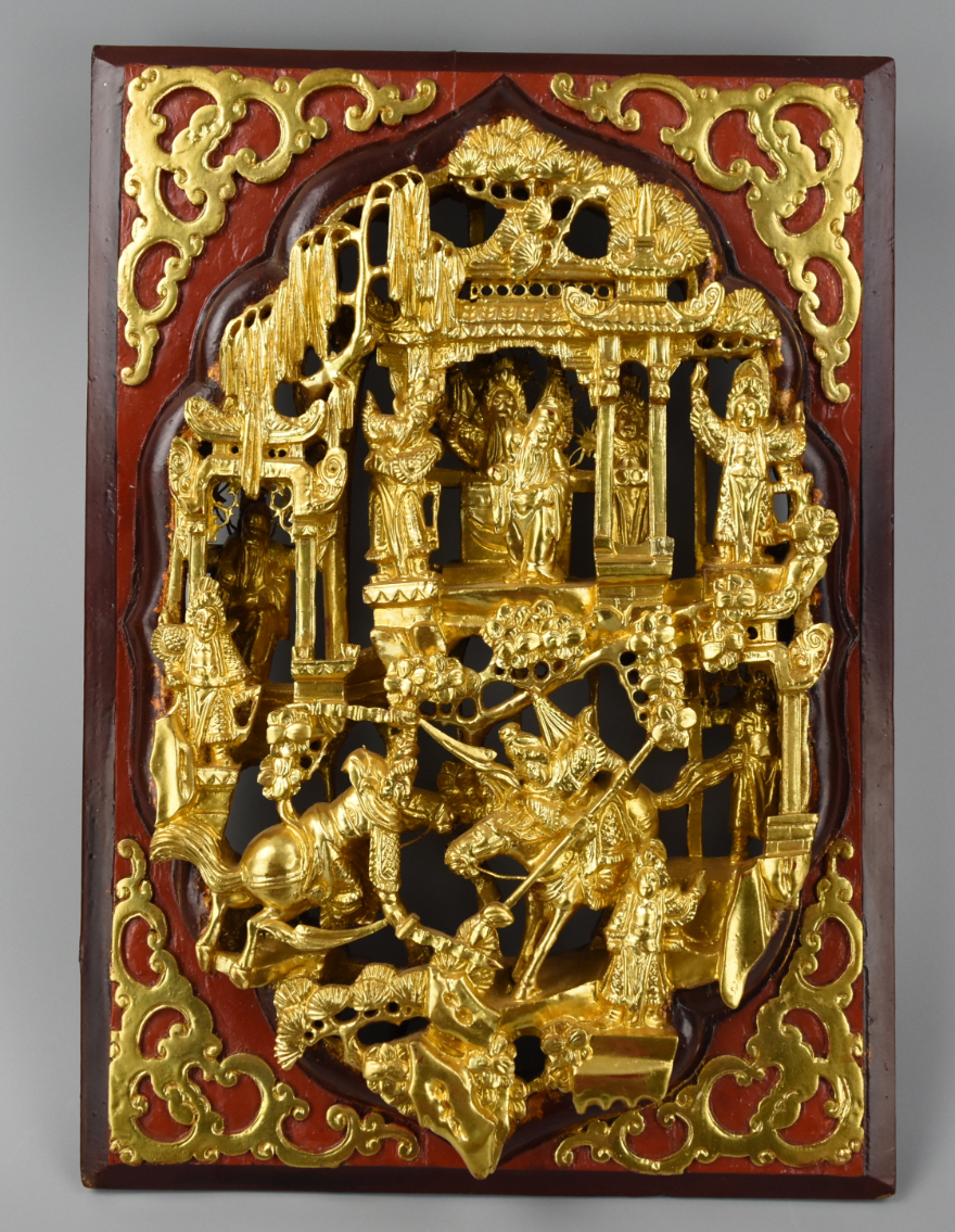 Appraisal: CHINESE CARVED GILDED HIGH-RELIEF BATTLE PLAQUE A gilded high relief