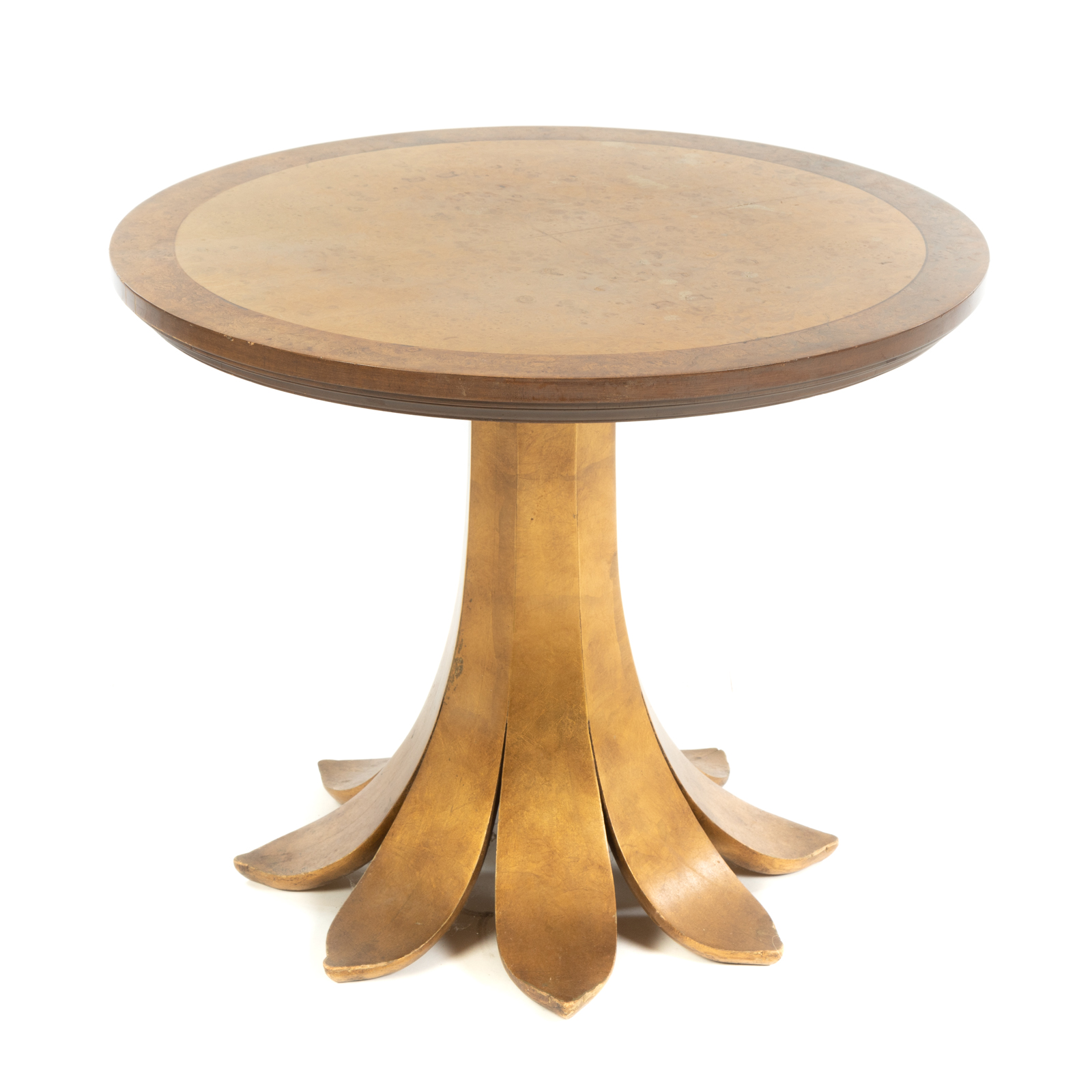 Appraisal: CONTEMPORARY ROUND MIXED WOOD SIDE TABLE Circular top with burled