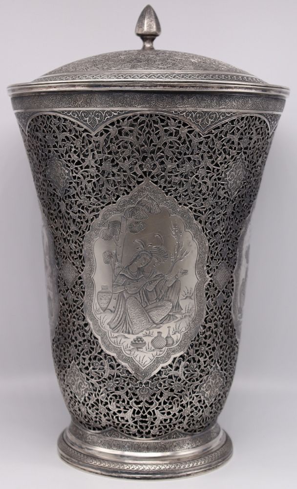 Appraisal: SILVER Exceptional Signed Persian Silver Lidded Vase or Urn Antique