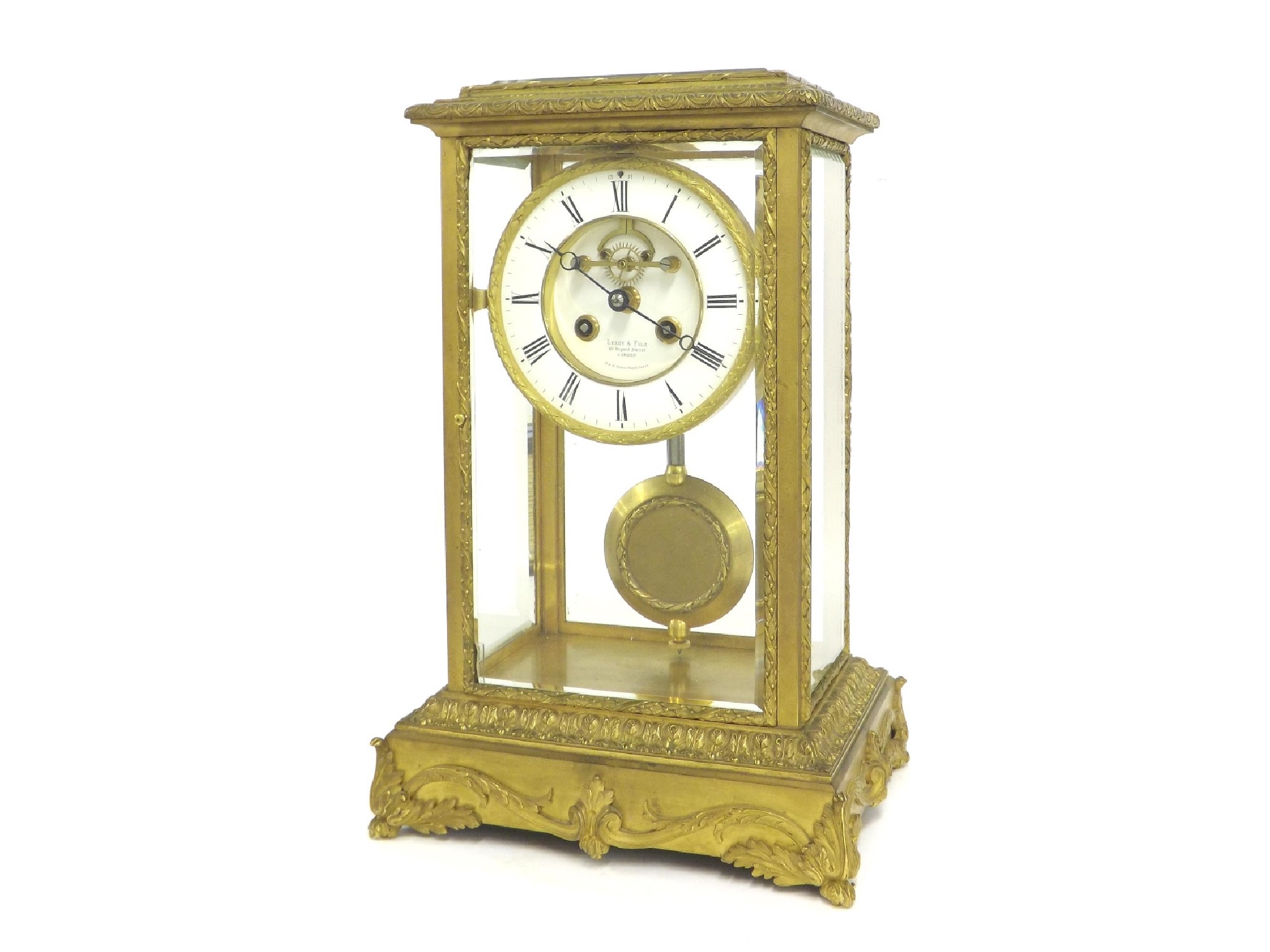 Appraisal: French ormolu four glass two train mantel clock striking on