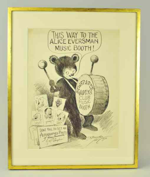 Appraisal: SIGNED BERRYMAN WOMAN'S CLUB DRAWING depicts bear playing bass drum