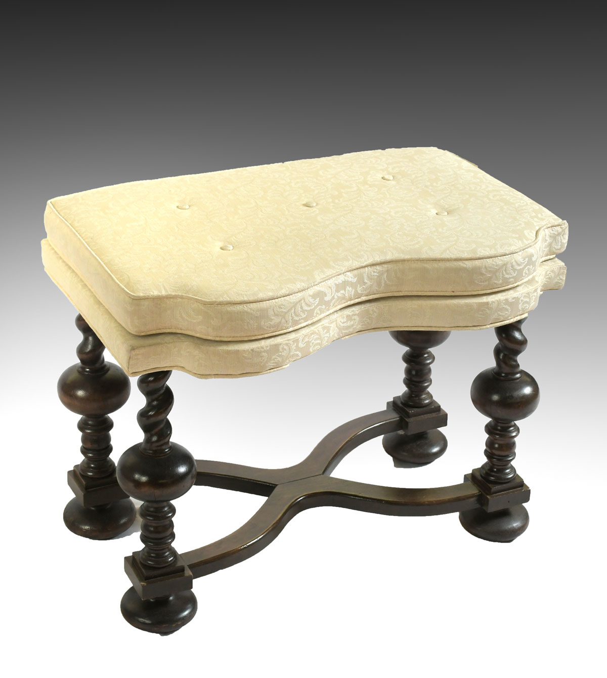 Appraisal: CARVED ENGLISH FOOTSTOOL Having carved spiraling turned supports Replaced ''X''-shaped