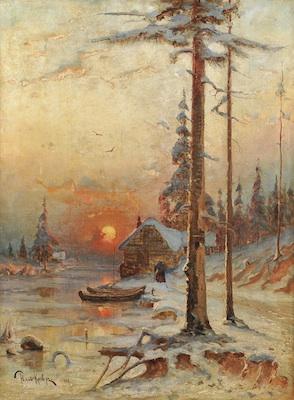 Appraisal: Julius Sergius Klever Russian - Riverside at dusk in winter