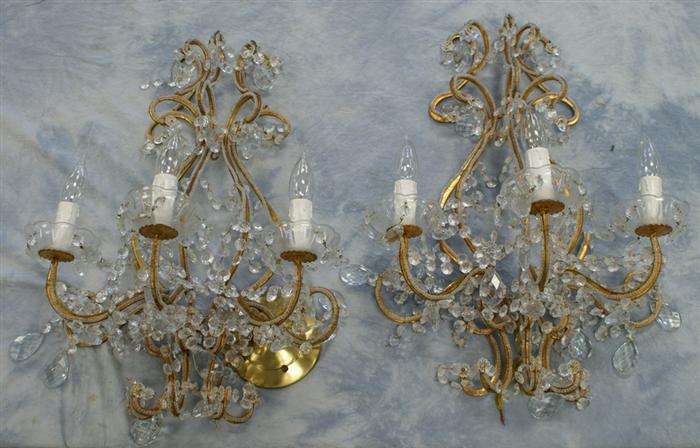 Appraisal: Pair of gilt metal and crystal ornate arm sconces approx